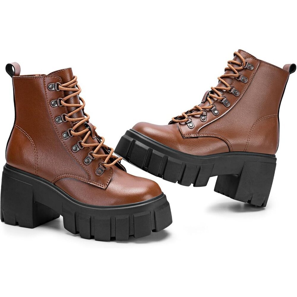 Women’s Combat Brown Lace up Side Zipper High Heel Chunky Ankle Lug Sole Booties